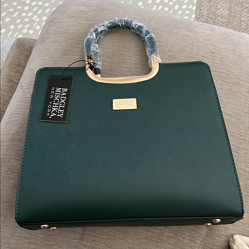 Badgley Mischka Forest Green Tote with Gold Handles